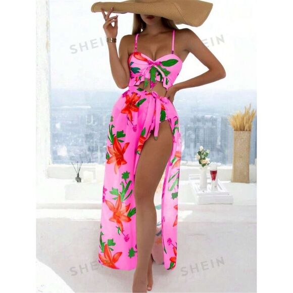 Shein Women's XL Pink Tropical Floral 3 Piece Swimwear Set with Cover-Up Skirt - Picture 3 of 5